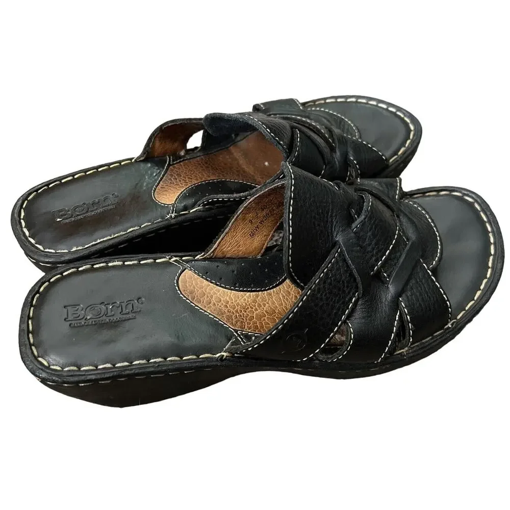 Born Leather Y2K‎ Chuncky Platform Wedges Slip On Strappy Sandals Shoes Black 9